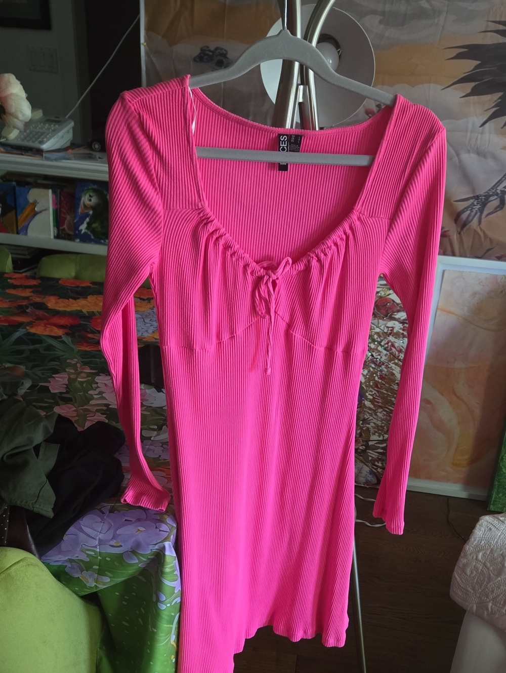 Ribbed Long Sleeve Scoop Dress with Front Tie in Hot Pink